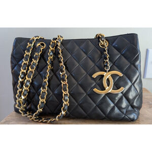 Chanel 24k Black Quilted Lambskin CC Medallion Chain Tote Vintage with COA
